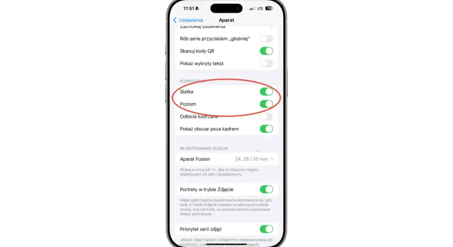 Jak ustawić aparat w telefonie: włącz siatkę i poziom, by ułatwić kompozycję zdjęć.