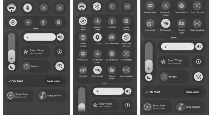 Panel szybkich ustawień z interfejsem One UI 8.5, pokazujący ikony Wi-Fi, Bluetooth, trybu samolotowego, SmartThings i sterowania mediami.