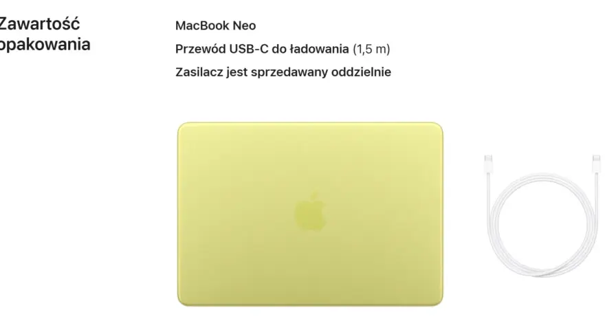 Kiedy nowy MacBook Neo, w zestawie przewód USB-C. Zasilacz kupisz osobno.