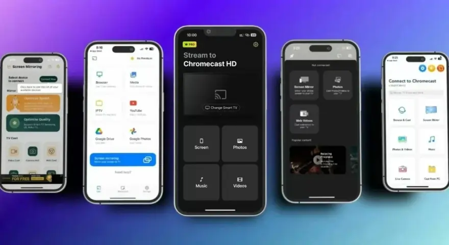 Aplikacje na iPhone'a ułatwiające klonowanie ekranu. Widzimy opcje takie jak Screen Mirroring, Stream to Chromecast HD i Connect to Chromecast.