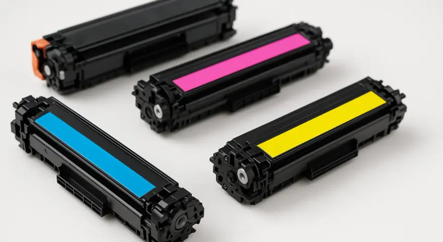 Kolorowe tonery do drukarki laserowej: niebieski, różowy, żółty i czarny.
