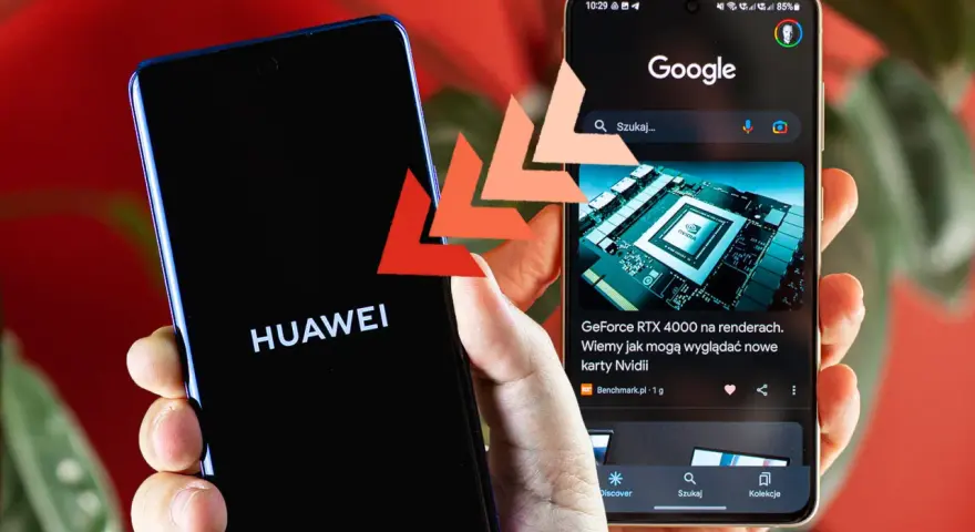 Dwa telefony: jeden z logo HUAWEI, drugi z wyszukiwarką Google. Porównanie technologii.