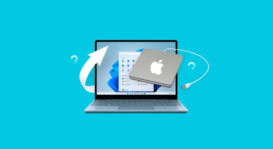 Jak zmienić hasło w komputerze? Laptop z systemem Windows i podłączony dysk Apple. Strzałka i znaki zapytania sugerują proces zmiany.