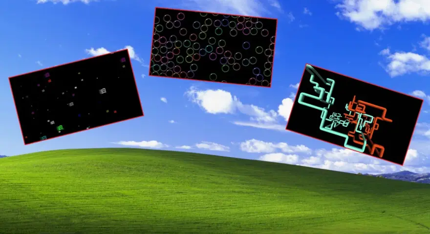 Trzy czarne prostokąty unoszą się nad zielonym wzgórzem, przypominając wygaszacz ekranu Windows 11. Jeden zawiera kolorowe bańki, drugi ikony, a trzeci abstrakcyjne, kolorowe rury.