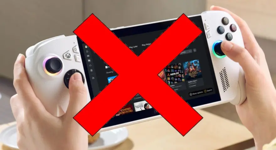 Ręce trzymają biały handheld gamingowy, podobny do Xbox Rog Ally X, z wielkim czerwonym krzyżem na ekranie.