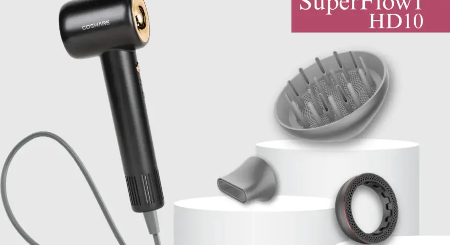 Czarna suszarka COSHARE z technologią jonizacji, dyfuzorem i koncentratorem. SuperFlow1 HD10.
