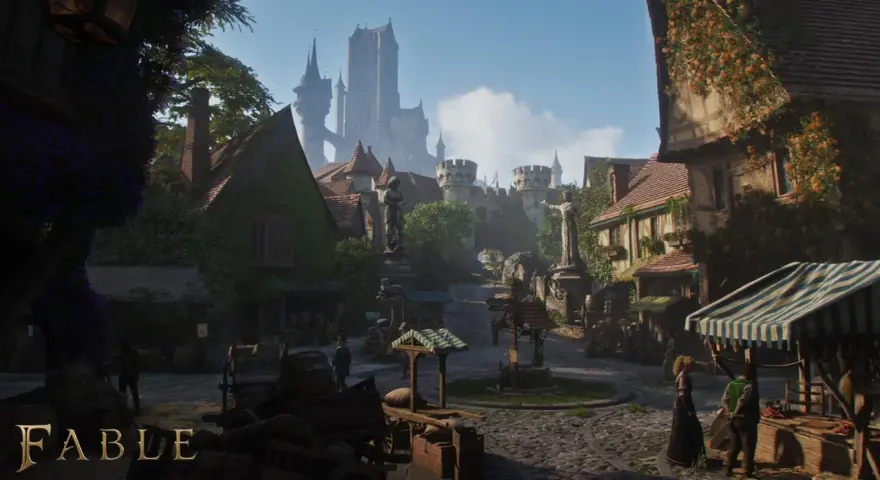 Urocza wioska z kamiennymi domami i zamkiem w tle, jak z gry Fable 2 PC.