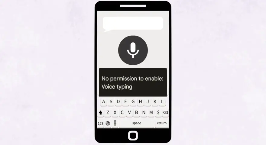 Telefon wyświetla komunikat: brak uprawnień aby włączyć pisanie głosowe. Ikona mikrofonu jest szara.
