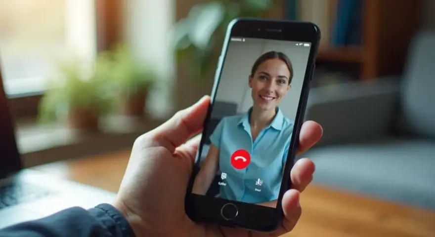 Dłoń trzyma smartfon z rozmową wideo. Na ekranie uśmiechnięta kobieta. Dowiedz się, jak włączyć nagrywanie rozmów w telefonie.