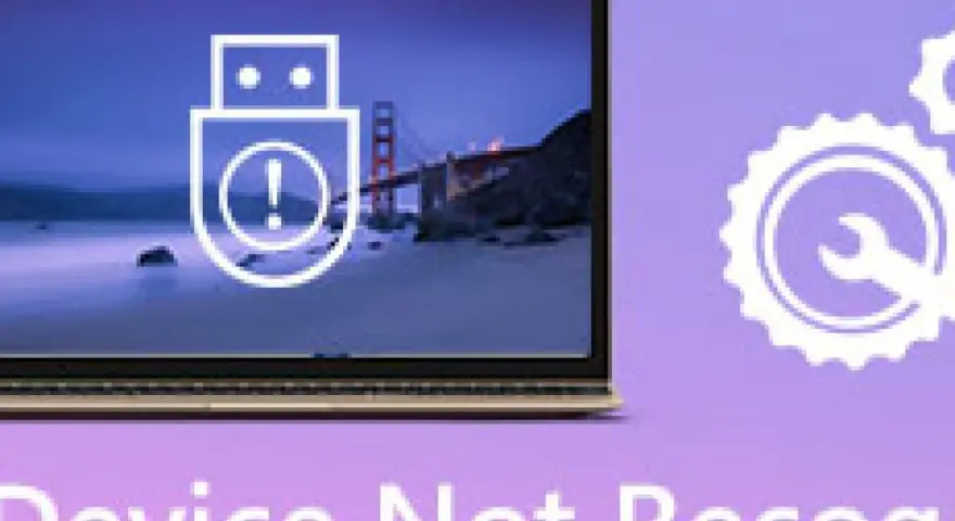 Komputer wyświetla komunikat "nie rozpoznano urządzenia usb". Ikona pendrive'a z wykrzyknikiem na tle mostu Golden Gate.