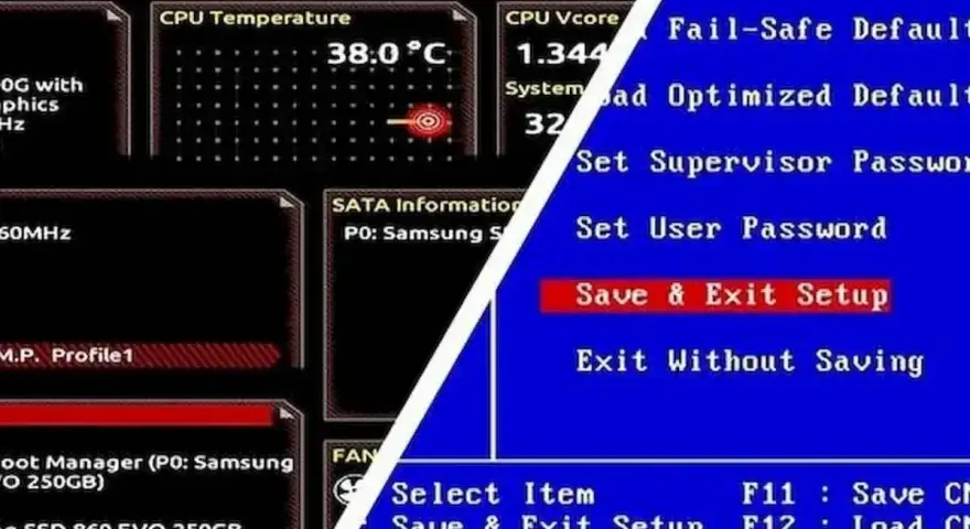 Ekran BIOS-u z informacjami o temperaturze CPU i opcjami, w tym "Save & Exit Setup", co jest kluczowe, gdy zastanawiasz się, jak zaktualizować BIOS.