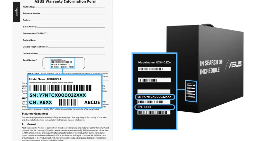 Formularz gwarancyjny ASUS z numerem seryjnym laptopa: SN: Y7NTCX000032XXX, CN: K8XX.