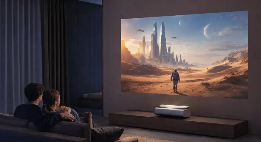 Para ogląda film na wielkim ekranie, gdzie projektor zamiast tv wyświetla futurystyczne miasto na pustyni.