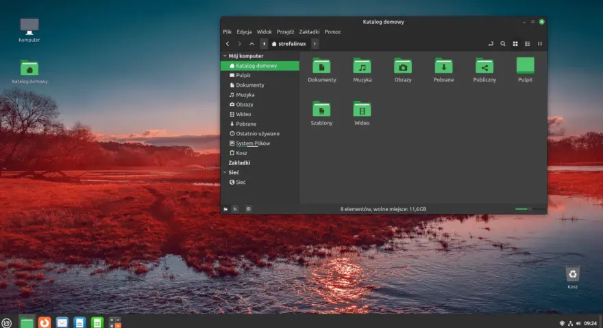 Linux na stary komputer ożywia system. Widok katalogu domowego z ikonami plików i folderów.