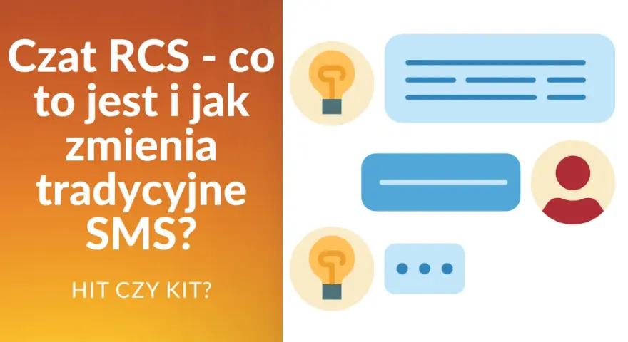 Czat RCS - co to jest i jak zmienia tradycyjne SMS? Ikony czatu i żarówki sugerują innowację.