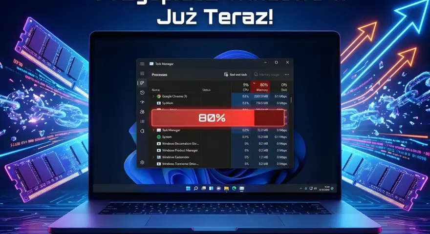 Optymalizacja Windows 11: menedżer zadań pokazuje 80% użycia pamięci, a obok moduły RAM i strzałki wzrostu.