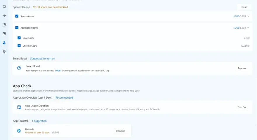 Microsoft PC Manager: Sprawdź stan dysku, optymalizuj miejsce (9.1GB do zwolnienia), włącz Smart Boost i analizuj użycie aplikacji.