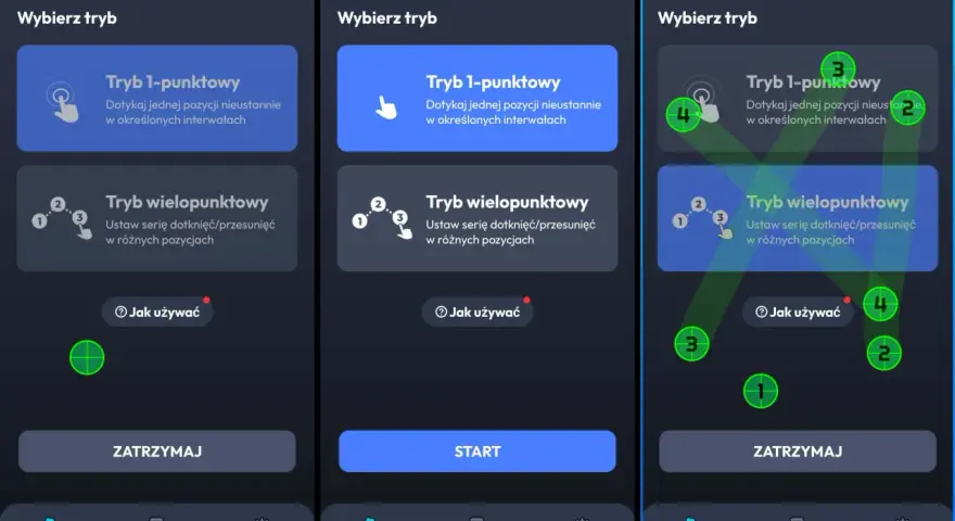 Ekran aplikacji auto clicker z opcjami trybu 1-punktowego i wielopunktowego. Widoczne są przyciski "Start", "Zatrzymaj" i "Gotowe".