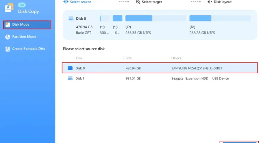 Interfejs programu do kopiowania dysków. Wybrano tryb "Disk Mode", zaznaczono "Disk 0" jako dysk źródłowy, gotowy do wykonania operacji, jak sklonować dysk.