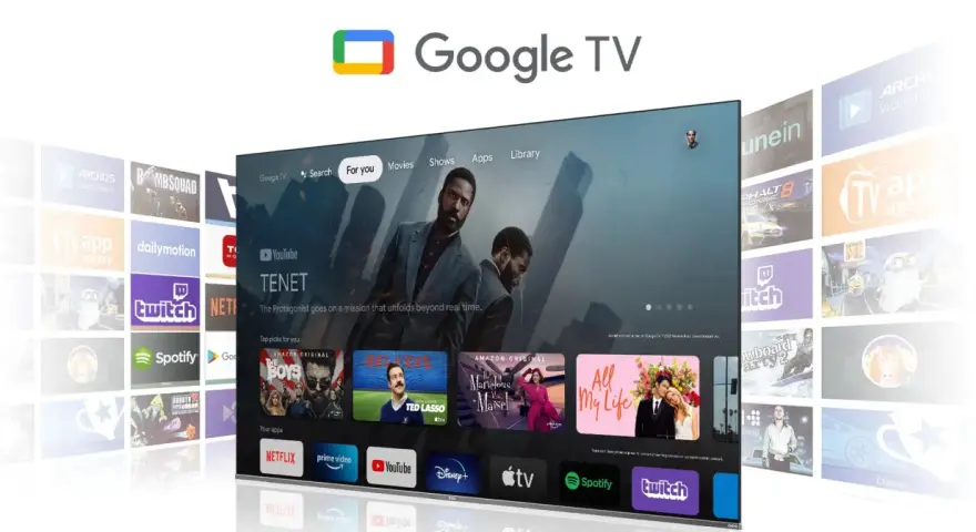 Google TV to platforma streamingowa z filmami i serialami. Na ekranie widać interfejs z tytułem "Tenet" i rekomendacjami.