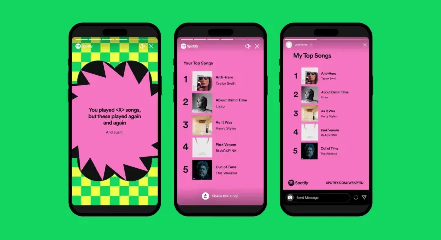 Spotify Wrapped zbiera dane do końca października. Na ekranach telefonów widać podsumowania ulubionych utworów.