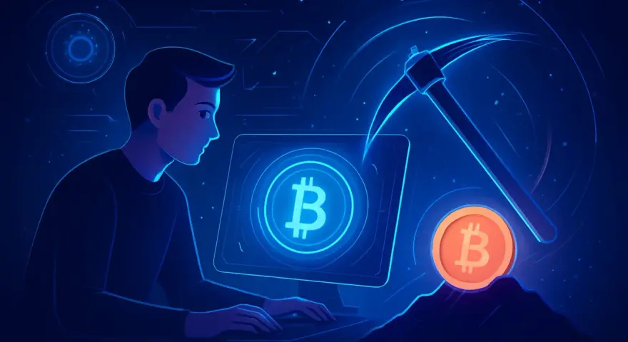 Mężczyzna przy komputerze uczy się, jak kopać kryptowaluty na PC. Wirtualna sieć i symbol Bitcoina sugerują cyfrowy świat.