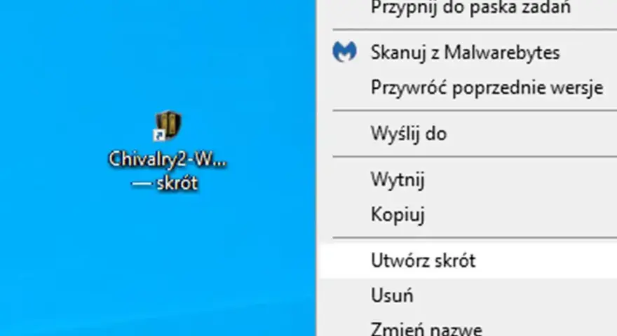 Menu kontekstowe z opcją "Utwórz skrót" na pulpicie, pokazujące jak zmienić pulpit.