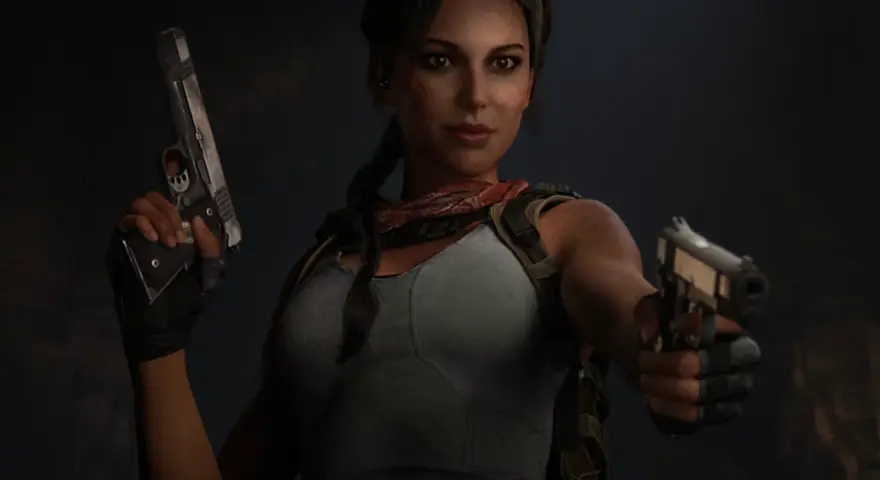 Lara Croft, w nowym tomb raider, gotowa do akcji z dwoma pistoletami.