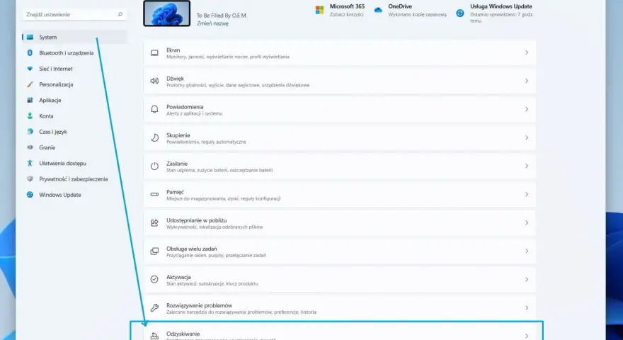 Ustawienia systemu Windows, sekcja "Odzyskiwanie" - tu znajdziesz opcje, jak sformatować komputer, resetując go lub uruchamiając zaawansowane opcje.