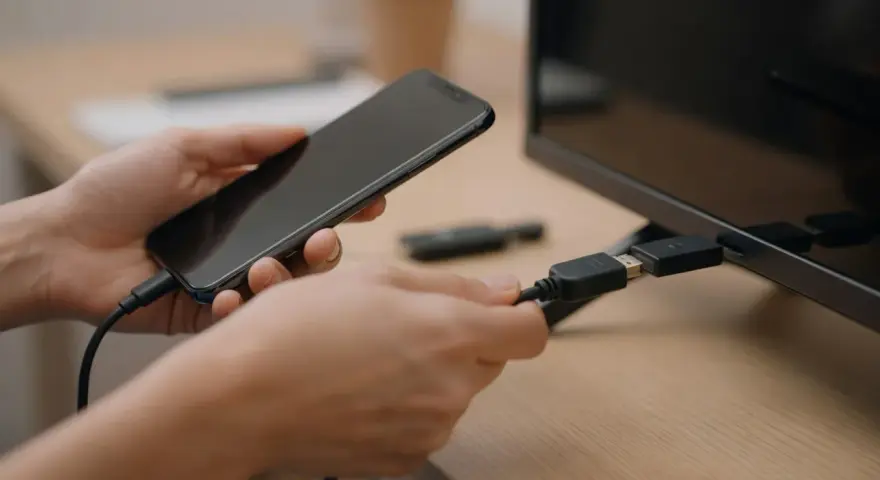 Ręce łączą smartfon z telewizorem za pomocą kabla USB-C. Dowiedz się, jak połączyć się z telewizorem, by cieszyć się większym ekranem.