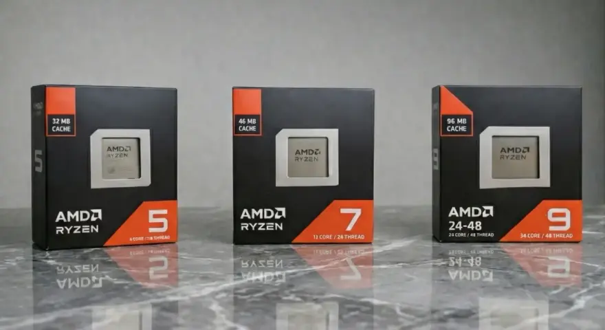Trzy pudełka z procesorami nowe procesory AMD Ryzen 5, 7 i 9, z różną ilością pamięci cache i rdzeni.