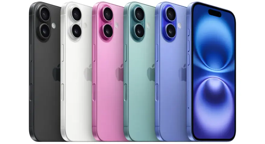 Pięć iPhone'ów 16 w kolorach: czarny, biały, różowy, zielony i fioletowy, prezentuje paletę barw.
