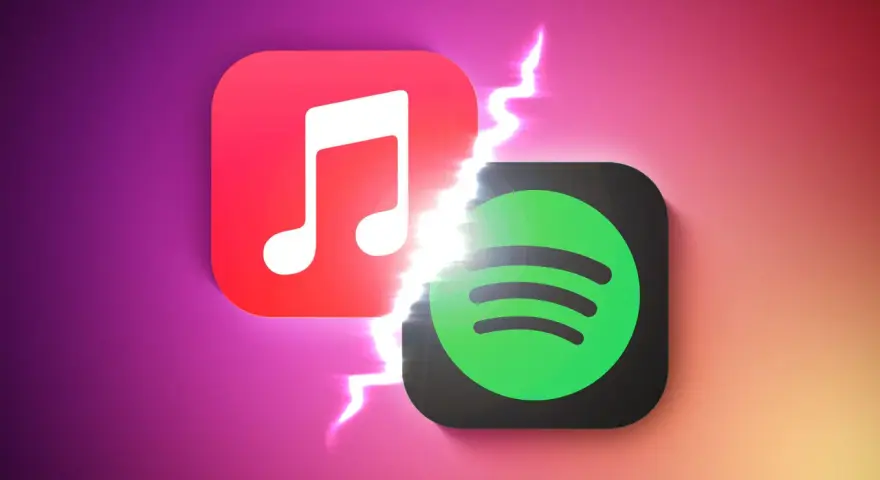 Logo Apple Music i Spotify obok siebie, rozdzielone błyskawicą. Który wybierasz: Apple Music czy Spotify?