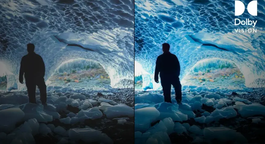 Porównanie obrazu z i bez Dolby Vision. Widok jaskini lodowej z postacią, gdzie Dolby Vision podkreśla głębię i kolory.