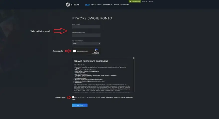 Tworzenie konta Steam, wpisanie adresu e-mail i potwierdzenie akceptacji warunków, aby móc dokonać steam aktywacja klucza.
