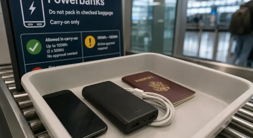 Na lotnisku, na taśmie do kontroli bezpieczeństwa, leżą telefon, powerbank i paszport. Znak informuje, jaki powerbank do samolotu można zabrać.