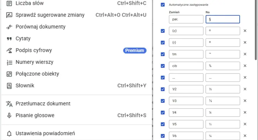 Ustawienia automatycznego zastępowania w dokumencie, gdzie "par." zamienia się na §. Widoczne są też inne skróty, np. (c) na ©.