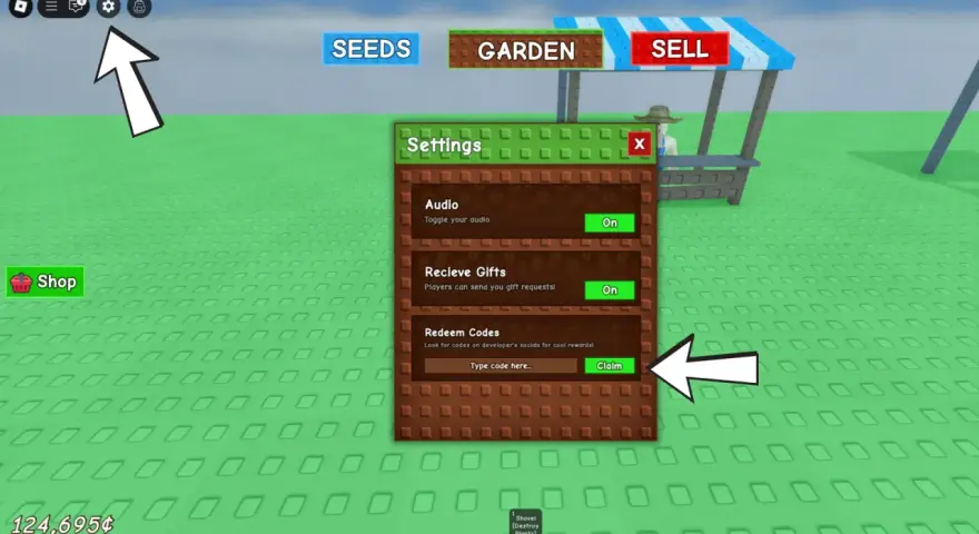 Ustawienia gry z opcją wpisywania kodów do grow a garden.
