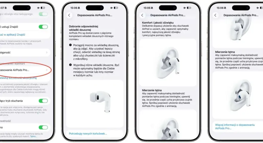 Ekran ustawień AirPods Pro 3 z opcją dopasowania i pomiaru tętna.