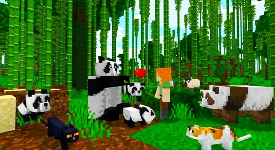 W bambusowym lesie Minecraft, Alex i pandy cieszą się wspólnym czasem. Dowiedz się, jak zainstalować mody do Minecraft, by dodać więcej zwierząt i przygód!