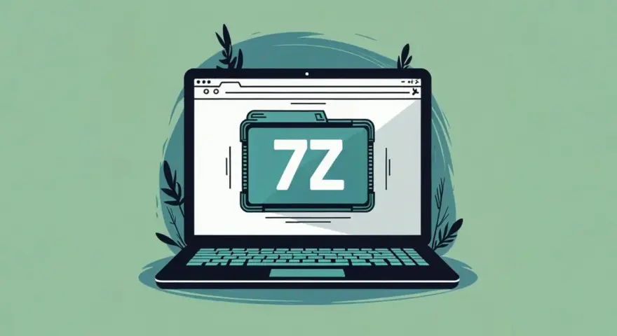 Ilustracja laptopa z ikoną folderu 7z na ekranie. Dowiedz się, jak otworzyć plik 7z.
