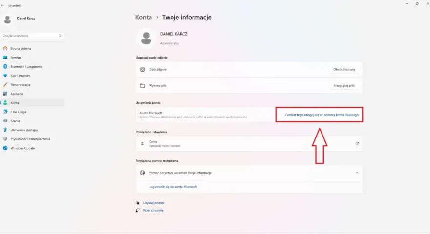 Ustawienia konta Windows 11: opcja "Zamiast tego zaloguj się za pomocą konta lokalnego" pozwala na zmianę sposobu logowania.
