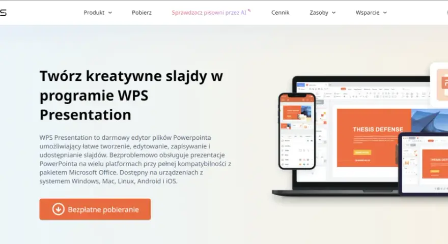 Strona do robienia prezentacji WPS Presentation. Twórz kreatywne slajdy na komputerze, telefonie i tablecie. Darmowy edytor kompatybilny z PowerPoint.