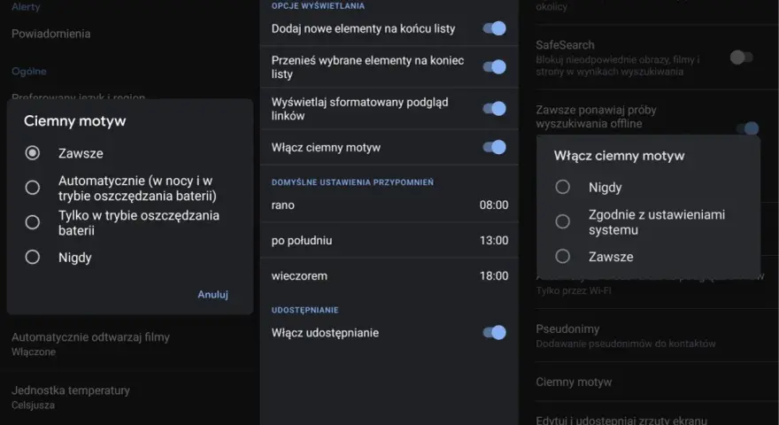 Ustawienia telefonu z włączonym ciemnym motywem Google. Wybór opcji: Zawsze, Automatycznie, Tylko w trybie oszczędzania baterii lub Nigdy.