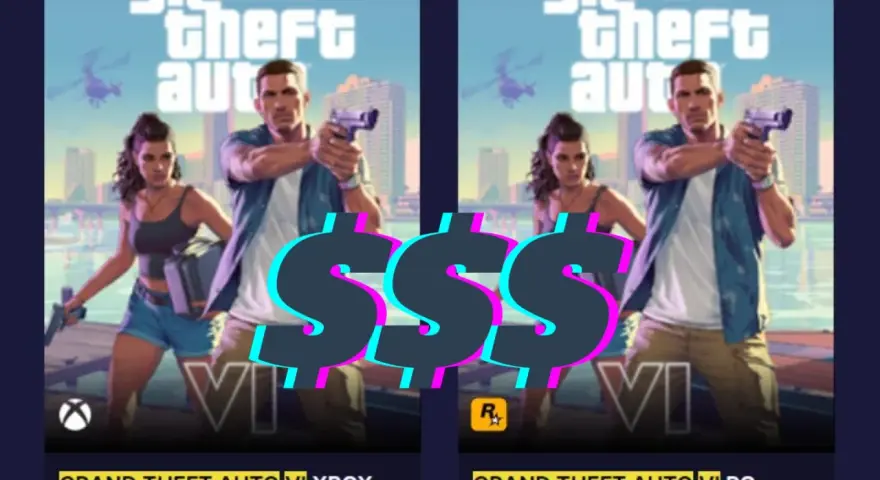 Kiedy premiera GTA 6? Dwie wersje gry, Xbox i PC, z wielkimi znakami dolara sugerującymi wysoką cenę.