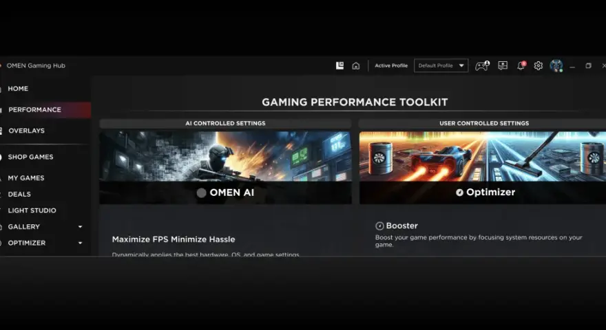OMEN Gaming Hub: narzędzie do optymalizacji wydajności gier. Wybierz OMEN AI lub Optimizer, by zwiększyć FPS.