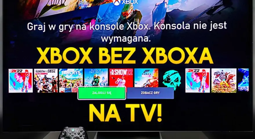 Graj w gry na telewizor bez konsoli Xbox! Ekran TV wyświetla kolekcję gier, zachęcając do zabawy.