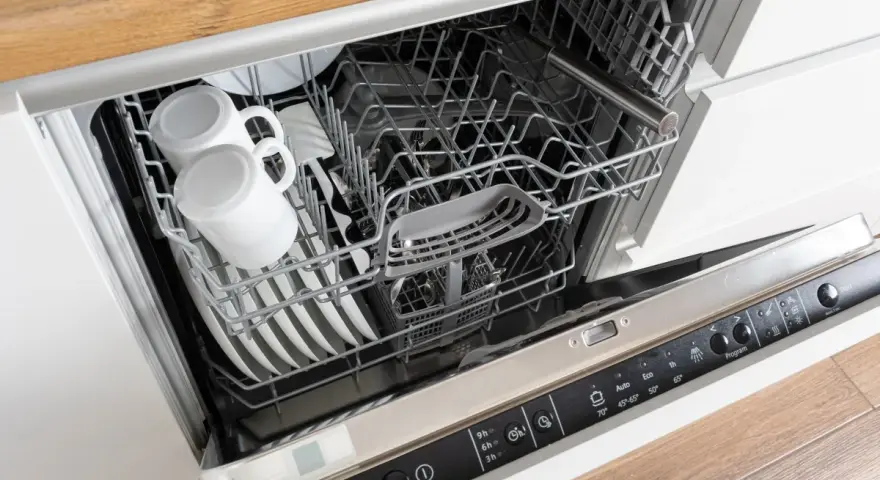 Wnętrze zmywarki Whirlpool 6th Sense z koszami pełnymi naczyń, w tym kubków i talerzy.