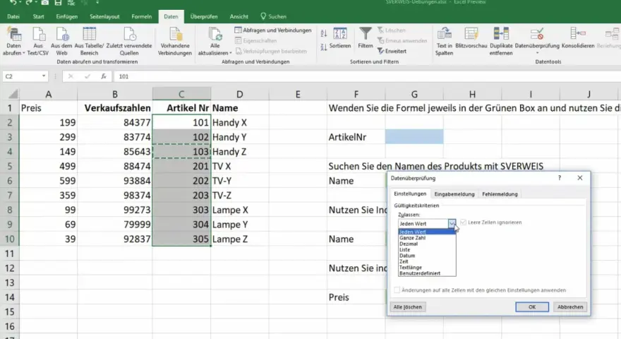 Excel blokowanie komórek: okno "Kontrola poprawności danych" z zaznaczoną opcją "Każda wartość" i zaznaczonym polem "Ignoruj puste komórki".