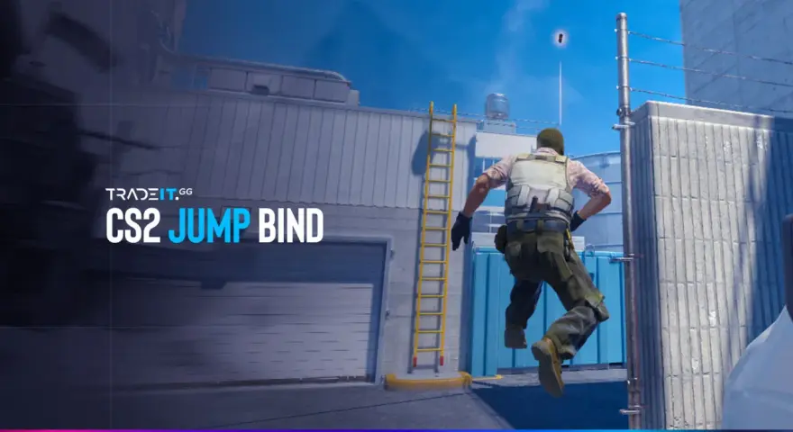 Gracz CS2 wykonuje skok z bindem, by zdobyć przewagę. Tradeit.gg prezentuje CS2 jump bind.